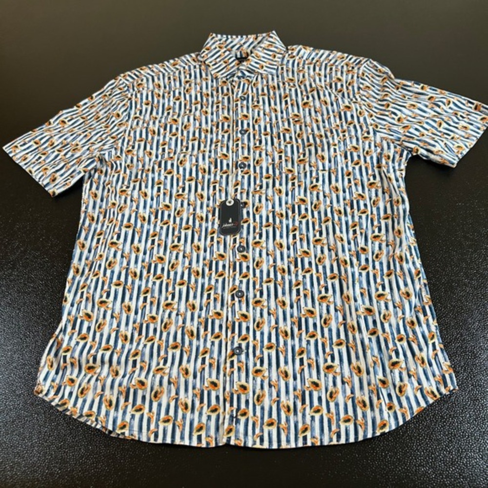 Johnnie-O Top Shelf Shirt‎ Mens Medium Blue White Mango Print Button Up SS NWT